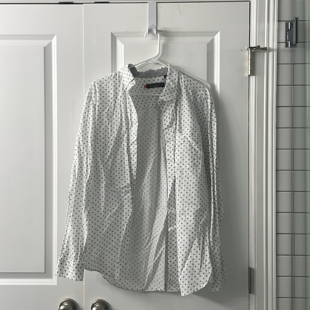 white button down with design
